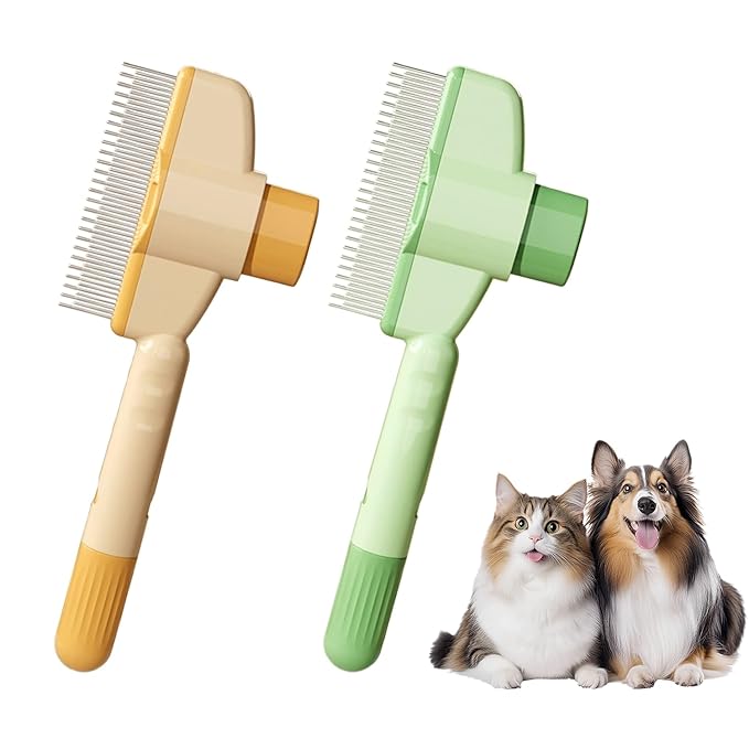 2-Pack Pet Hair Removal Comb &amp; Flea Comb with Release Button for Cats &amp; Dogs - Grooming Brush for Short/Long Hair Green &amp; Yellow