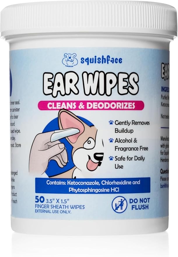 Squishface Dog Ear Relief Individual Finger Sheath Wipes – Non-Allergenic Ingredients &amp; Irritation-Reducing Formula Cleans &amp; Deodorizes, Helps Prevent Ear Itch &amp; Odor – for All Breeds! (50 Count)