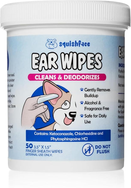 Squishface Dog Ear Relief Individual Finger Sheath Wipes – Non-Allergenic Ingredients &amp; Irritation-Reducing Formula Cleans &amp; Deodorizes, Helps Prevent Ear Itch &amp; Odor – for All Breeds! (50 Count)