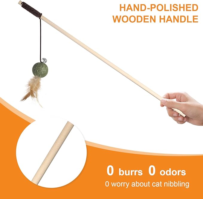 Cat Feather Toys with Catnip Ball, Feathers &amp; Bell - 2 Replaceable Mouse Heads, Elastic Rope &amp; Wooden Handle for Aggressive Kittens, Durable Bite-Proof Interactive Cat Teaser for Indoor Play