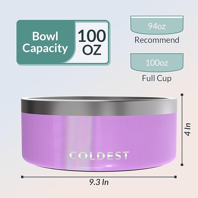 Coldest Dog Bowl - Anti Rust Metal, Non Slip, 3 Layers Insulated Stainless Steel Dog Bowls - Spill Proof &amp; Heavy Duty - Water Bowl for Dogs, Cats, Dish Washer Safe (100 oz, Saturns Purple Glitter)