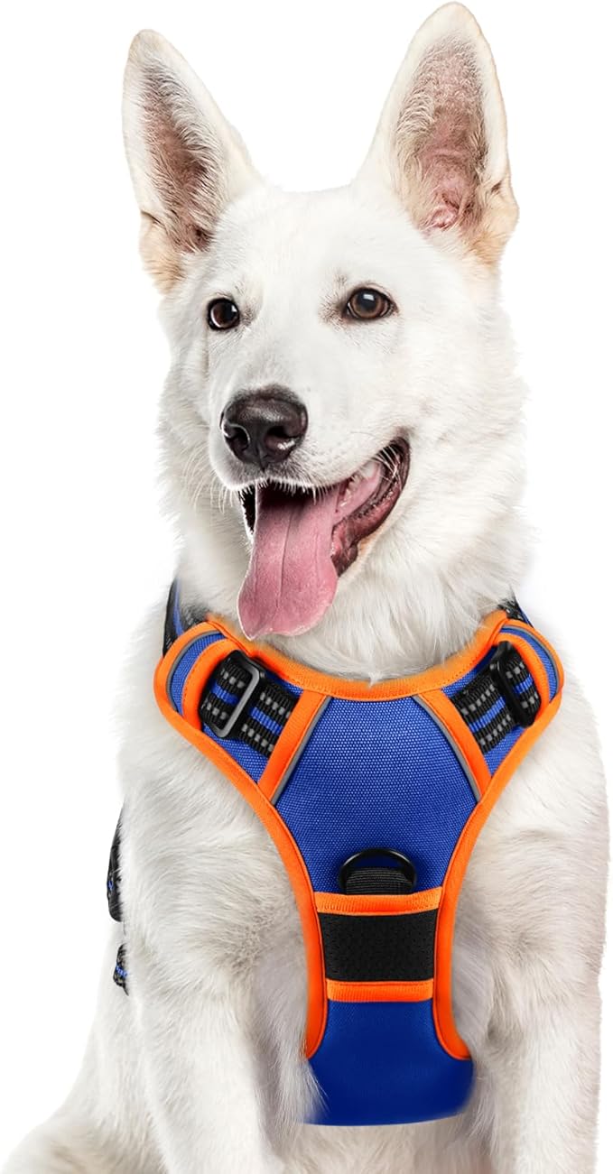 Eagloo Dog Harness for Large Dogs, No Pull Service Vest with Reflective Strips and Control Handle, Adjustable and Comfortable for Walking, No Choke Pet Harness with 2 Metal Rings, Blue &amp; Orange, XL