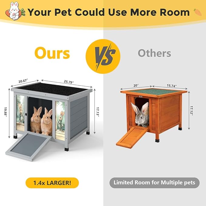 COZIWOW 24in Wooden Cat House Outdoor &amp; Indoor Pet Shelter with Foldable Ramp - Weatherproof Rabbit Hutch with Unique Machine-Printed Art Designs for Cat, Rabbit, Guinea Pig (Grey)