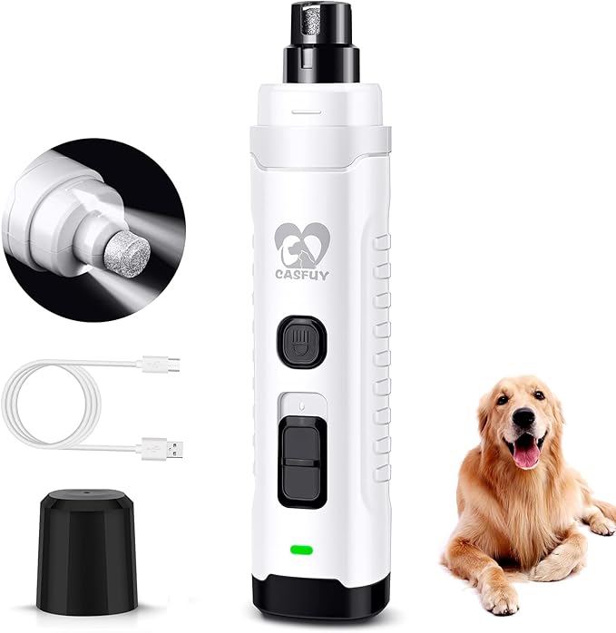 Casfuy Dog Nail Grinder with 2 LED Light for Large Medium Small Dogs - 3X More Powerful 2-Speed Electric Pet Nail Trimmer Rechargeable Quiet Painless Paws Grooming &amp; Smoothing Tool (White)