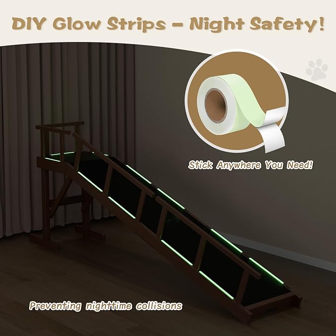 73" Dog Ramp for Bed, Pet Ramp with Removable Side Rail and Non-Slip Surface, Pet Ramp for Small &amp; Large &amp; Senior Dogs with Rest Platform and DIY Glow Strips,Dog Stairs for Couch, Brown