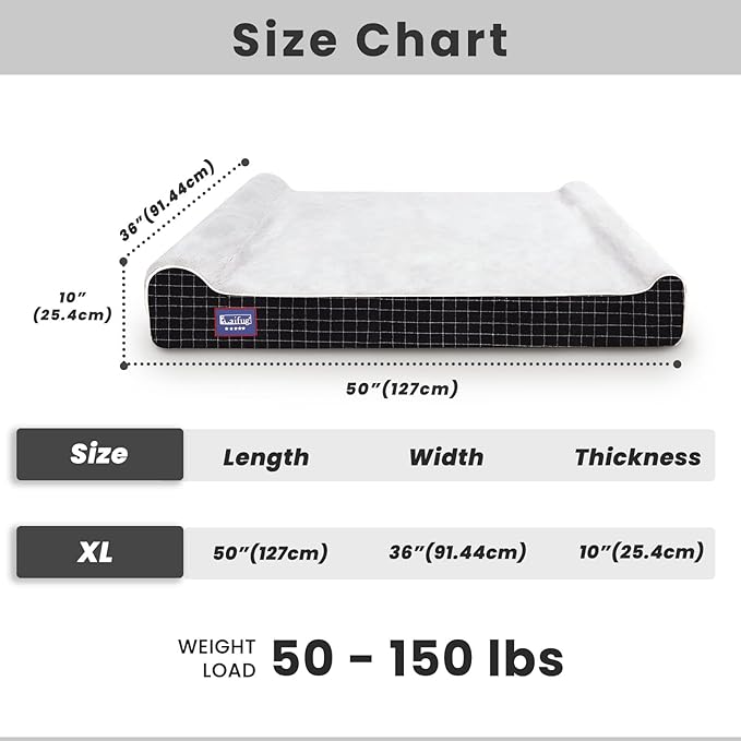Laifug Orthopedic Memory Foam Extra Large Dog Bed with Pillow and Durable Water Proof Liner &amp; Removable Washable Cover &amp; Smart Design (Jumbo (50"x36"x10"), Black Grid Gray)