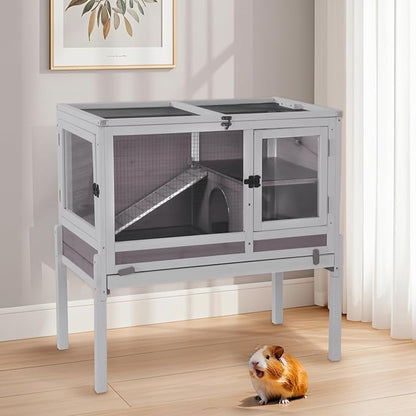 Aivituvin 2-Story Rabbit Hutch with Anti-Chew Ramp &amp; Zinc Sheet - 36.6" Indoor Guinea Pig Cage, Wooden Stand, Pull-Out Tray &amp; Leakproof Floor (Grey)