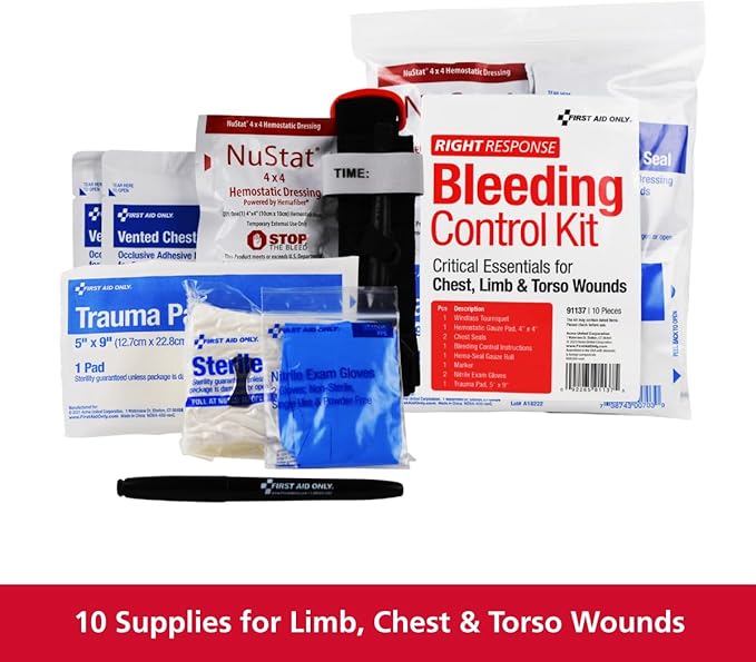First Aid Only 91137 Critical Essentials Bleeding Control Kit for Chest, Limb &amp; Torso Wounds, 10 Pieces