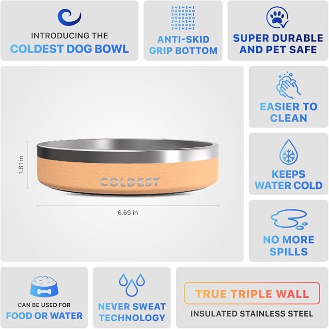 Coldest Dog Bowl - Anti Rust Metal, Non Slip, 3 Layers Insulated Stainless Steel Dog Bowls - Spill Proof &amp; Heavy Duty - Water Bowl for Dogs, Cats &amp; Pets, Dish Washer Safe (21 oz, Sahara Tan)