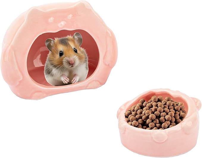 Bear-Shaped Hamster Hideout &amp; Food Bowl Set - Ceramic Habitat for Syrian Dwarf Hamsters, Mice, Gerbils - All-Season Use, Chew-Proof Ceramic House and Feeding Dish for Small Pets(Pink)