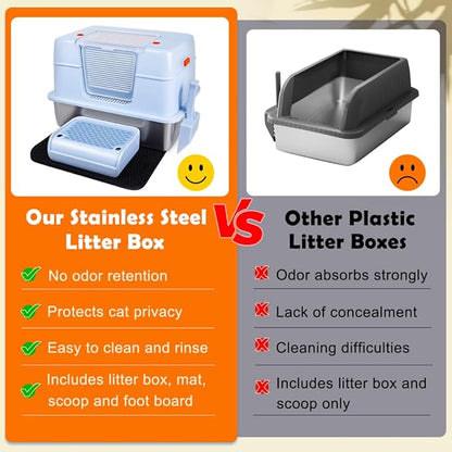 Vivifying Stainless Steel Litter Box with Lid, XL Side Entry Extra Large Litter Box for Big Cats &amp; Kitty, Removable Enclosed Metal Cat Pan with High Sided Enclosure, Scoop, Mat, Footboard (Blue)