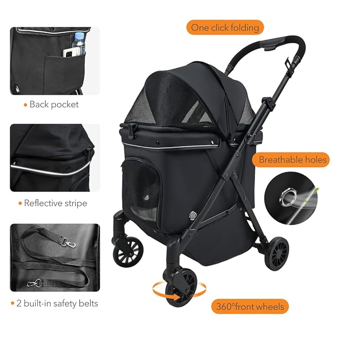 Pet Stroller for Small Dogs – No-Zip Deep Seat, Lightweight Compact Dog Stroller for Small Dogs &amp; Cats with Reflective Trim Storage Basket Soft Waterproof Pad,Foldable Universal Coche para Perro
