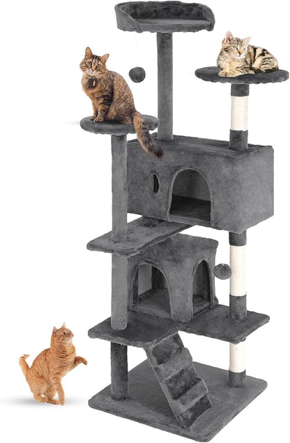 FDW Cat Tree 54in Cat Tower Multi-Level Durable Cat Scratching Post &amp; Cozy Fun Cat Jumping Platform Space Saving Cat Condo Pet Play House for Indoor Cats,Light Gray