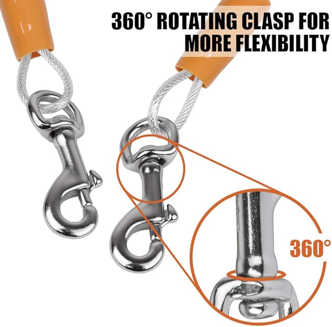 BV Dog Tie Out Cable 25 Feet - Heavy Duty Dog Lead up to 90 Pounds - Reflective &amp; Rust-Free with Quick Release Swivel Clips &amp; 360° Rotating Clasp - Tangle-Free Dogs Runner for Yard (Silver, Single)