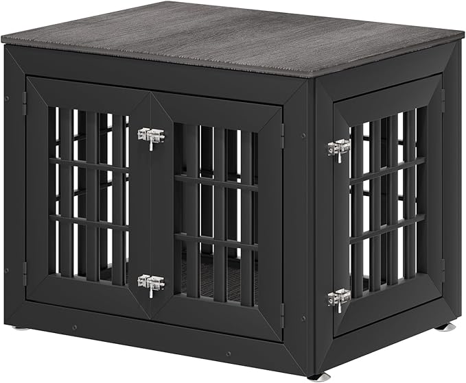 32" Heavy Duty Dog Crate Furniture for Small,Medium and Large Dogs,Rustic Wooden Dog Cage Kennel Indoor Furniture with Waterproof Top,Decorative Pet House Side End Table (Black &amp; Grey)