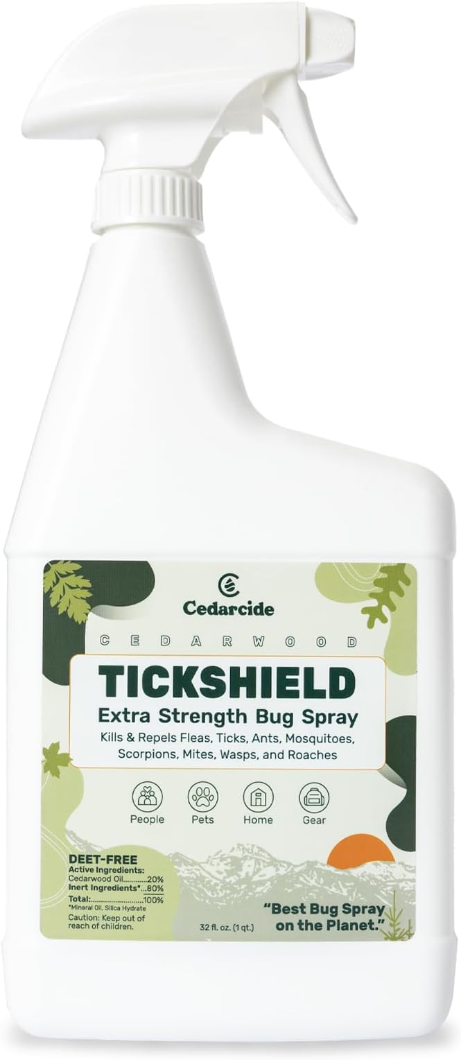 Cedarcide Extra- Strength Tickshield | Deep Woods Cedar Oil Tick &amp; Mosquito Repellent Spray Kills &amp; Repels Ticks, Fleas, Chiggers and Mosquitoes| For People &amp; Pets | Natural Essential Oils | Quart