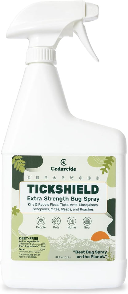 Cedarcide Extra- Strength Tickshield | Deep Woods Cedar Oil Tick &amp; Mosquito Repellent Spray Kills &amp; Repels Ticks, Fleas, Chiggers and Mosquitoes| For People &amp; Pets | Natural Essential Oils | Quart