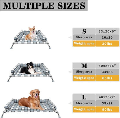Elevated Raised Dog Bed Cot - Cooling Raised Dog Bed with Bolster Portable Washable Pet Hammock with Pillows &amp; Metal Frame for Indoor &amp; Outdoor, Large