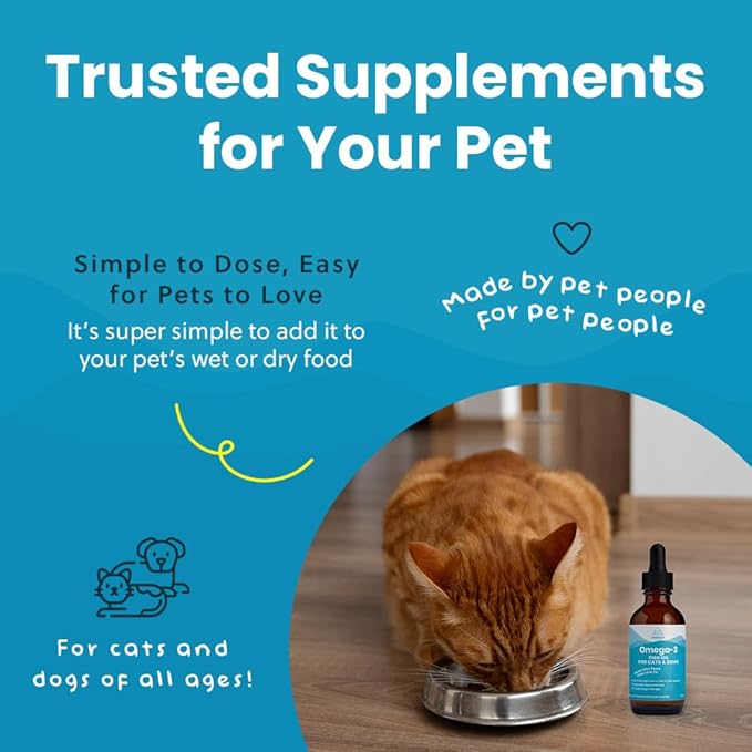 Wild-Caught Omega 3 Fish Oil for Dogs &amp; Cats, Liquid EPA DHA Supplement for Skin, Coat, Joints &amp; Heart, Low-Odor Omega 3 Drops for Small Dog Breeds &amp; Cats with Itchy Skin, 2 oz