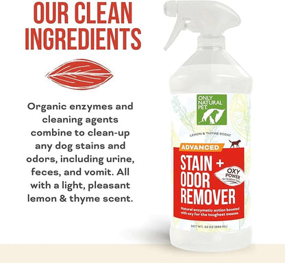 Only Natural Pet Advanced Dog Stain + Odor Remover with Oxy, All-Natural Professional Strength Enzymatic Cleaner - Pet Stain and Urine Odor Remover- 32 Fl Oz