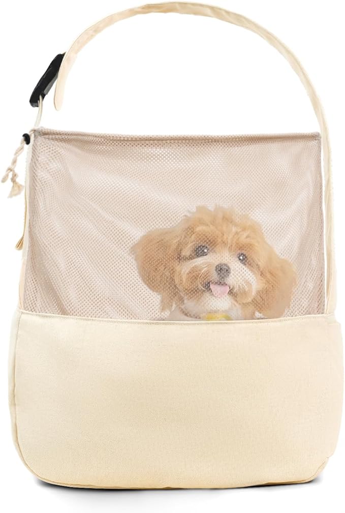 Dog Sling Carrier for Small Dogs and Cats, Lightweight Collapsible Pet Travel Bag with Adjustable Strap, Side Pockets &amp; Breathable Mesh (Beige, 15.7" L x 5.9" W x 8.6" H)