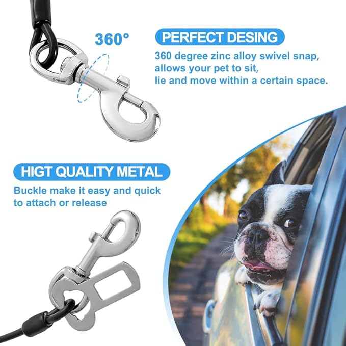 Dog Seat Belt Harness for Car,2pcs Dog Seatbelt of Coated Wire Leash Safety Restraint,No Chew Tether Cable Vehicle Dogs Accessories,Double Clips &amp; Latch (Black, 24 inch/60 CM)