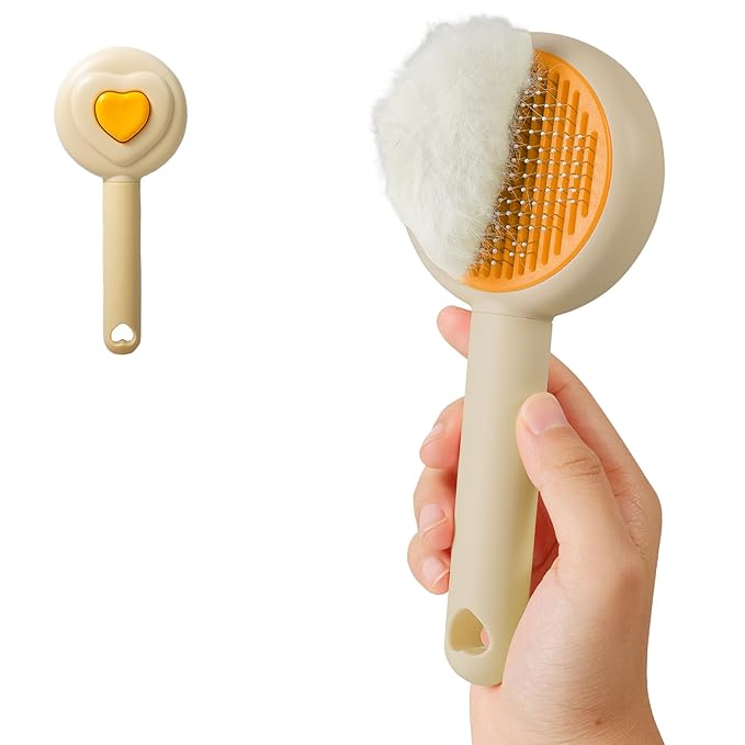 New cat brush&amp;dog brush,pet hair brush with Self Cleaning Button Easy to remove loose undercoat，Needle-tip massage beads, no harm to the skin,Lovely Heart Series(Khaki)