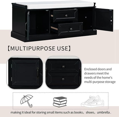 Storage Bench with 2 Drawers and 2 Cabinets, Pine Wood Shoe Bench with Removable Cushion for Living Room, Entryway 42.5" L x 15.9" W x 17.5" H (Black)