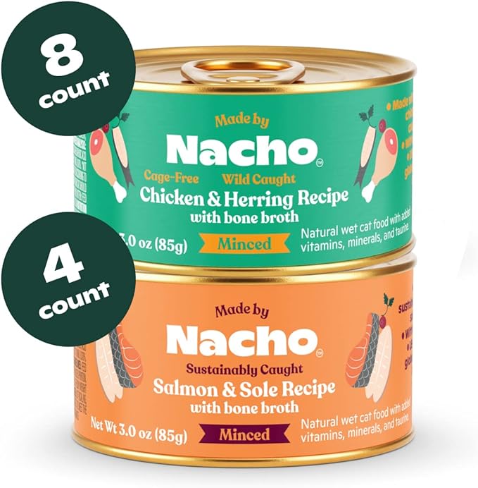 Made by Nacho Pate Wet Cat Food Variety Pack, Chicken &amp; Herring and Salmon &amp; Sole, 3 Ounce Cans, Grain-Free Canned Pet Food, Bone Broth Infused for Hydration, 12 Pack