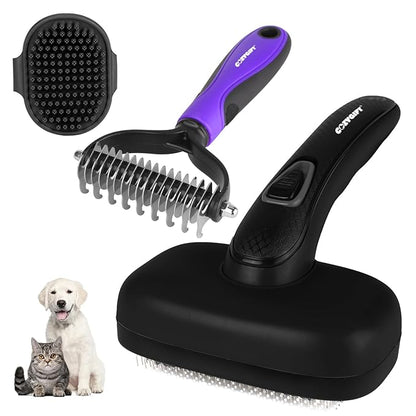 Dog Brush Kit – 3 PCS Grooming Set with Self-Cleaning Brush, Undercoat Rake &amp; Pet Bath Brush. Great for Shedding, Tangles &amp; Dirt Removal – Ideal for Long &amp; Short Haired Dogs &amp; Cats, Black