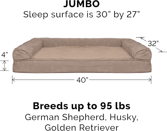Furhaven Cooling Gel Dog Bed for Large Dogs w/ Removable Bolsters &amp; Washable Cover, For Dogs Up to 95 lbs - Plush &amp; Suede Sofa - Almondine, Jumbo/XL