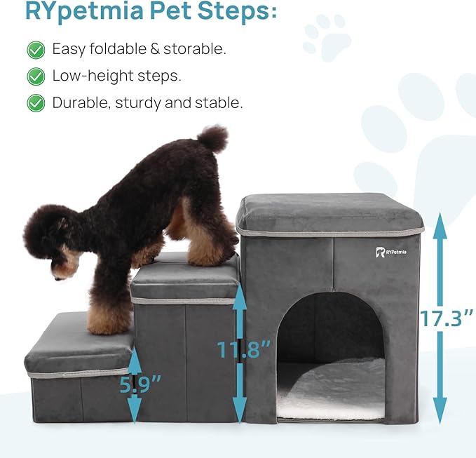 Foldable Pet Stairs for Beds &amp; Sofas - Non-Slip Dog Steps with Storage for Small to Medium Dogs &amp; Cats, Supports up to 120 lbs - Durable 2 &amp; 3-Step Doggie Ladder for Easy Access