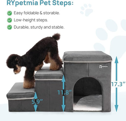 Foldable Pet Stairs for Beds &amp; Sofas - Non-Slip Dog Steps with Storage for Small to Medium Dogs &amp; Cats, Supports up to 120 lbs - Durable 2 &amp; 3-Step Doggie Ladder for Easy Access
