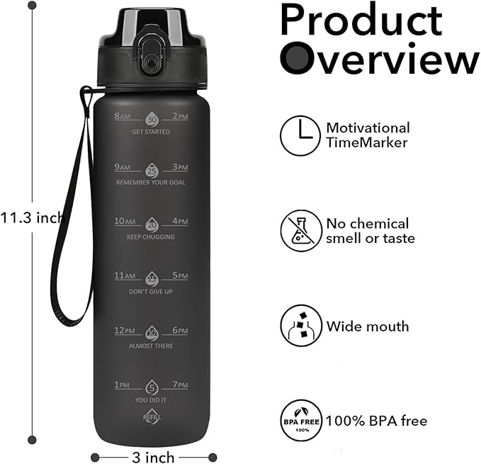 32oz Motivational Water Bottles with Time Marker &amp; Fruit Strainer, Transparent Gradient Color Water Bottle with Times to Drink, Leakproof &amp; BPA Free, Reusable Bottle with Strap (No Straw)