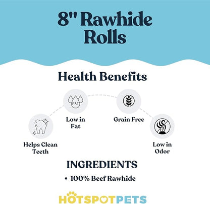 hotspot pets 8-9 Inch Large Rawhide Dog Chew Rolls (10 Pack) - Made from Grass Fed Cows - Great for Dental &amp; Oral Care for Aggressive Chewers Large Dogs