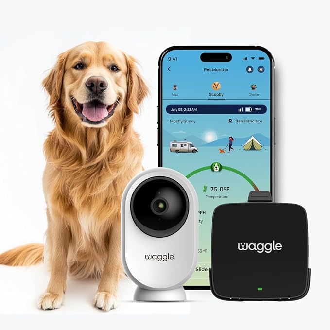 Waggle Dog Temperature Monitor &amp; Pet Camera Bundle for RVs - Portable WiFi Cam (128GB) with Motion Alert &amp; Remote Access | Watch Pets While Travelling