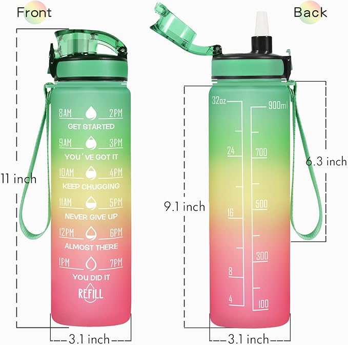 Enerbone Water Bottle, Leakproof BPA &amp; Toxic Free, Motivational Water Bottle with Times to Drink and Straw, Fitness Sports Water Bottle with Strap for Office, Gym, Outdoor Sports