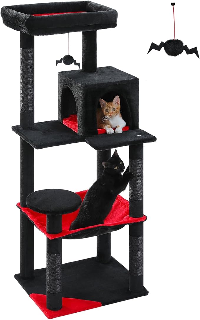 Gothic Cat Tree with Super Large Hammock, 56.3" Black Cat Tower with Coffin Bed, Cat Condo, Sisal Scratching Posts &amp; Top Perch, Multi-Level Goth Cat Tree, Halloween, Black
