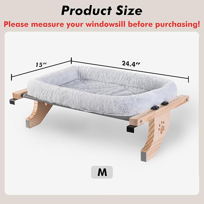 AMOSIJOY Cat Sill Window Perch Sturdy Hammock Window Seat with Cushion Cover, Wood &amp; Metal Frame for Large Cats, Easy to Adjust Cat Bed for Windowsill, Bedside, Drawer and Cabinet (L)