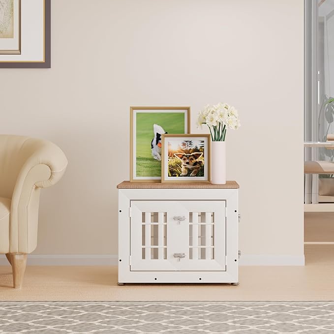 26" Heavy Duty Dog Crate Furniture for Small,Medium and Large Dogs,Rustic Wooden Dog Cage Kennel Indoor Furniture with Waterproof Top,Decorative Pet House Side End Table (White &amp; Wood)