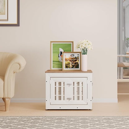 26" Heavy Duty Dog Crate Furniture for Small,Medium and Large Dogs,Rustic Wooden Dog Cage Kennel Indoor Furniture with Waterproof Top,Decorative Pet House Side End Table (White &amp; Wood)
