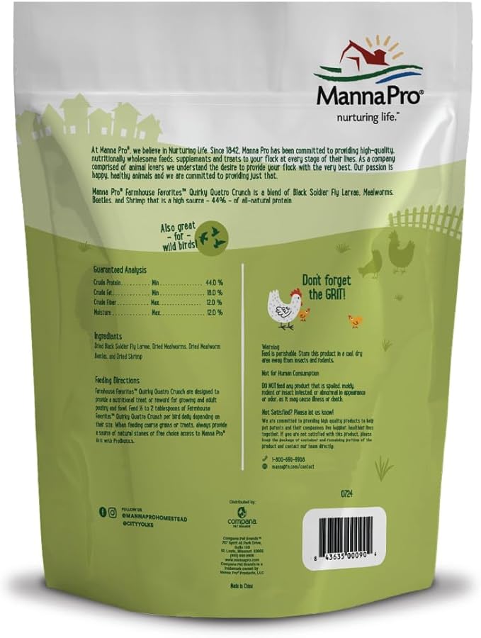Manna Pro Farmhouse Favorites Quirky Quatro Crunch – 100% Natural Protein Treat for Mixed Flocks – Blend of Black Solider Fly Larvae, Mealworms, Beetles &amp; Shrimp – 2lb