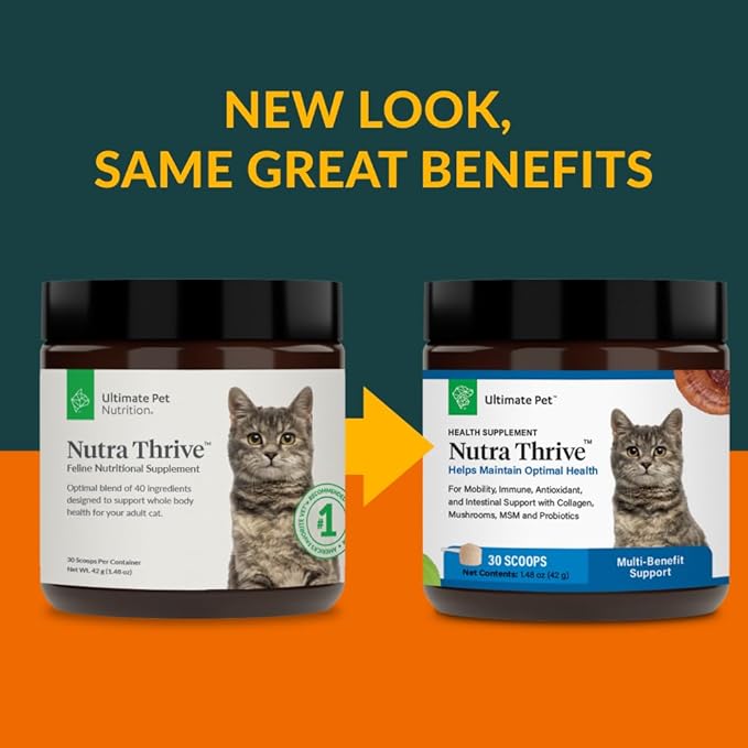 Ultimate Pet Nutrition Nutra Thrive™ Cat Supplement, Vet-Developed Powder for Mobility, Immune Support, Antioxidants &amp; Digestion with Probiotics, Collagen, &amp; Superfoods, 30 Servings