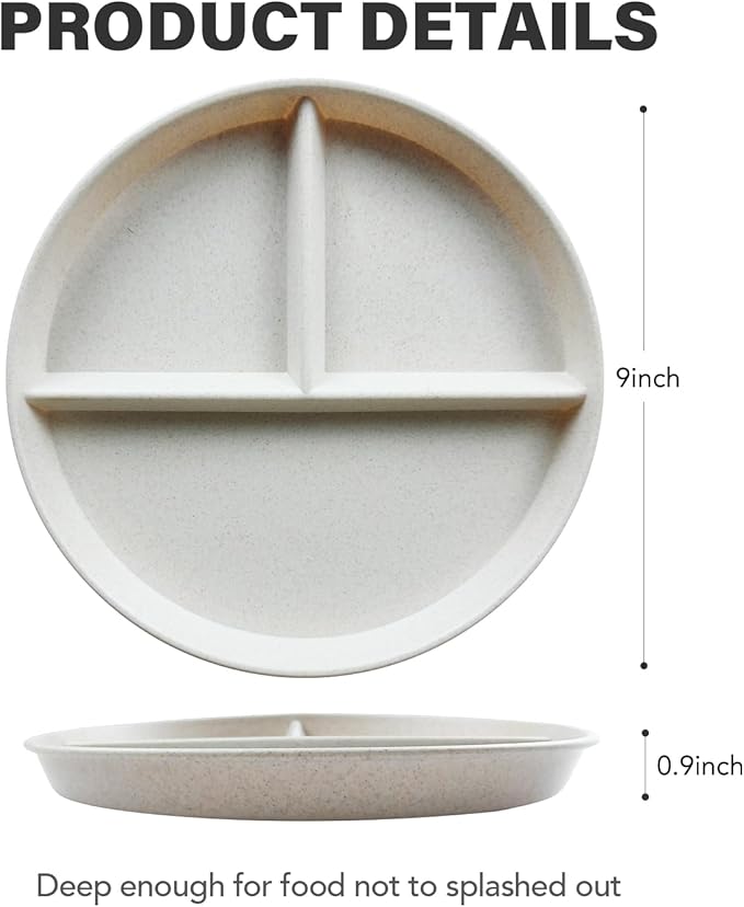 greenandlife 9 Inch 4PCS Unbreakable Portion Control Plates, Divided Plates for Kids Adults, Dishwasher &amp; Microwave Safe Compartment Plate, Lightweight Reusable Wheat Straw Plate, BPA Free
