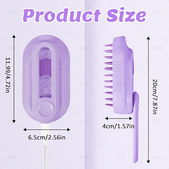 4 in 1 Cat &amp; Dog Steam Brush Kit with 2 Comb Heads - Rechargeable Grooming Brush for Long/Short Hair Shedding, Anti-Static Steam Spray &amp; Foldable Handle, Pet Spa Cleaning Tool (Purple)