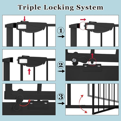 WAOWAO Triple Lock Baby Gate Extra Wide 86.22-90.55" Pressure Mounted Walk Through Swing Auto Close Safety Black Metal Dog Pet Puppy Cat for Stairs,Doorways,Kitchen