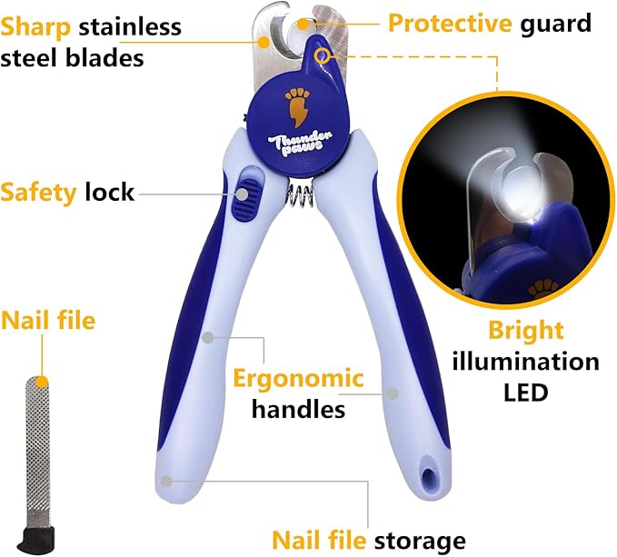 LED Dog Nail Clippers with Light, Trimmers with Protective Guard, Quick Sensor, Safety Lock and Nail File - Suitable for Large and Small Dogs &amp; Cats (Blue, LED)