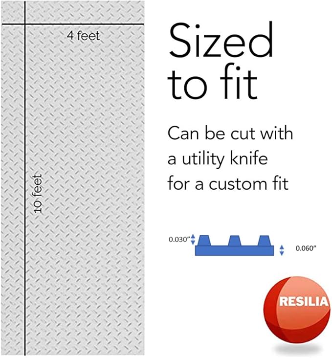 RESILIA Heavy Duty Garage Floor Runner &amp; Protector Mat - Slip Resistant Diamond Plate PVC Mats - Water, Spill, &amp; Stain Resistant, Silver (4 feet x 10 feet)
