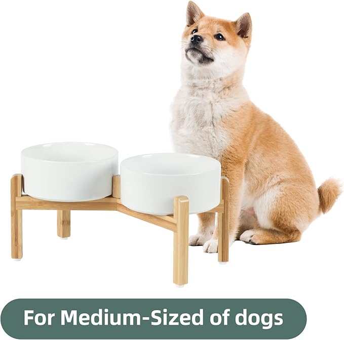 Ceramic Raised Double Bowls Set with Stand, Food &amp; Water Bowls for Medium Breed Dogs, Weighted Dog Dishes, Pet Bowl(7.3&