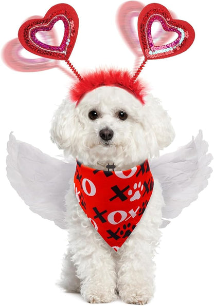 SCENEREAL Dog Outfit/Birthday Bandana with Feather Wing &amp; Heart Headband Dogs Girls Set, Red Puppy Kitty Party Supplies for Small Medium Dogs Cats, Pet Costumes